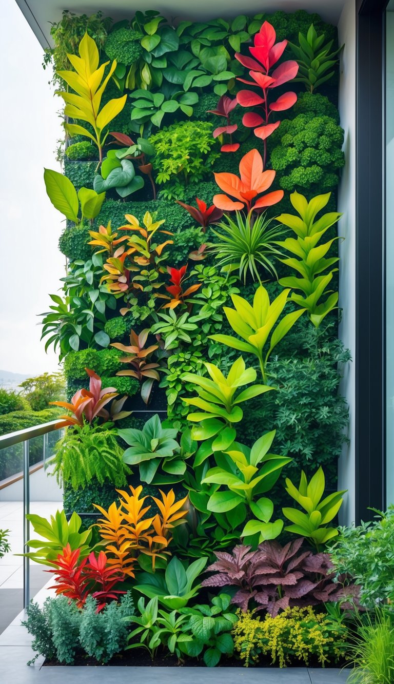 A vertical garden on a terrace with a mix of colorful plants and foliage.